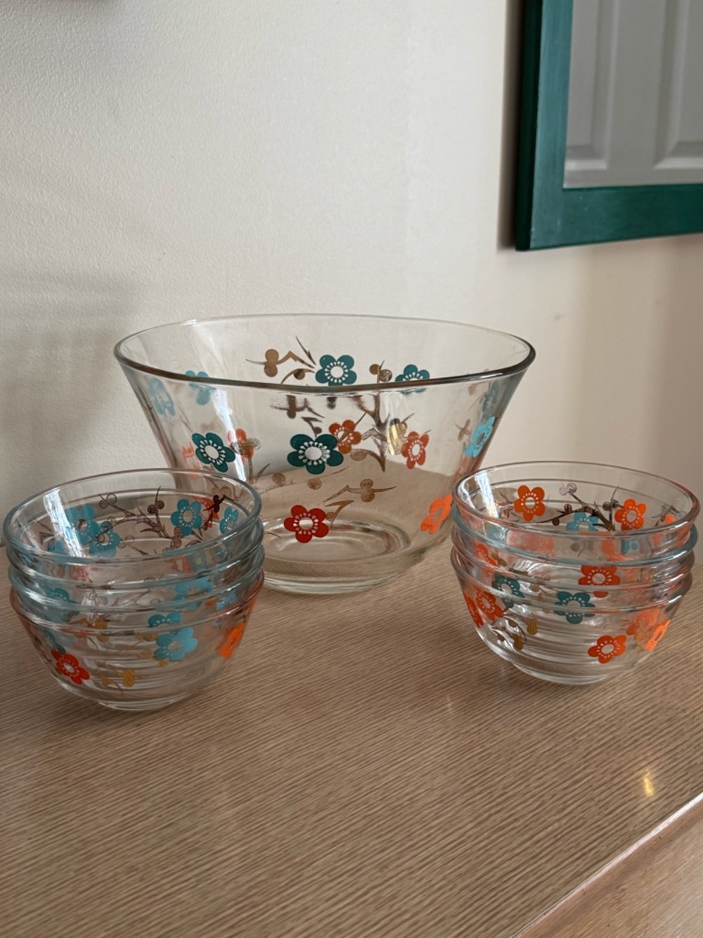 Vintage Federal Glass Floral Salad Bowl Set - Orange & Teal